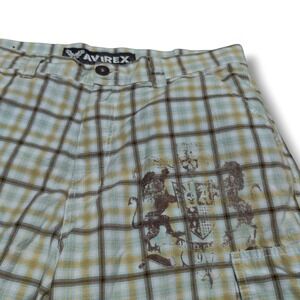 Vintage Avirex Shorts Men's Size 36 Khaki Blue Yellow Crest Plaid Skater Baggy